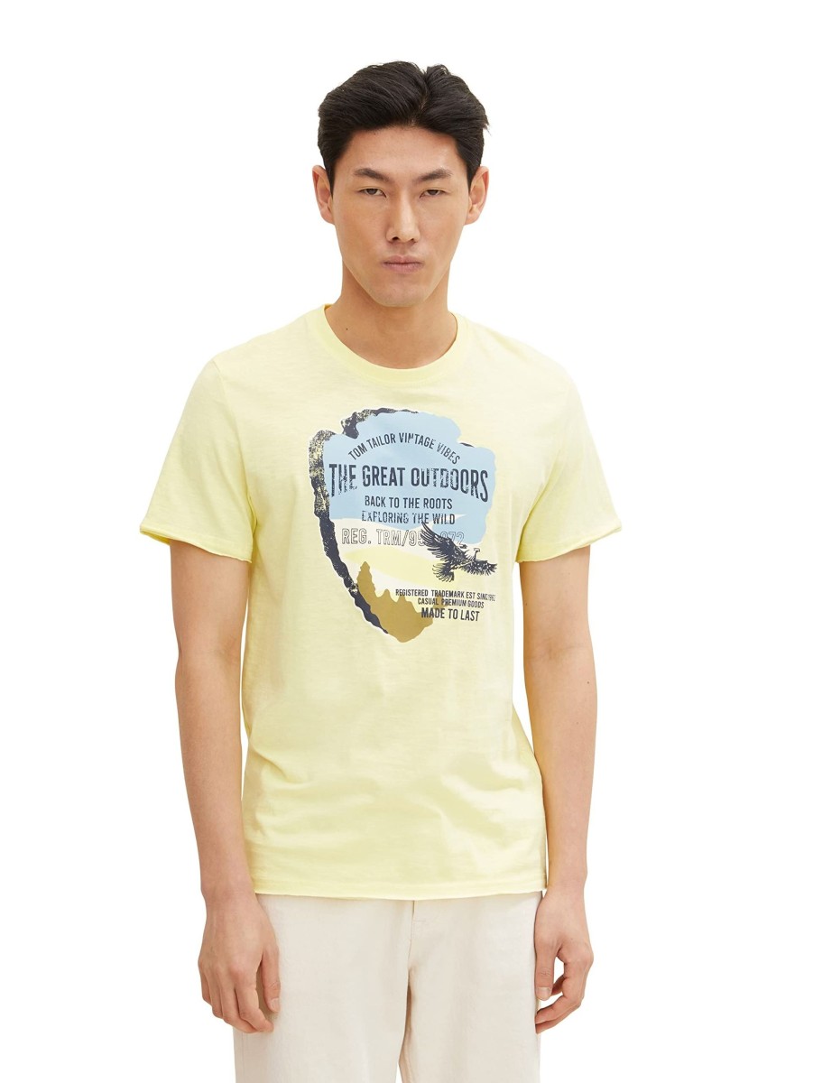 Manner Tom Tailor Shirts | Rundhals T-Shirt Slub T-Shirt With Print, Elfin Yellow